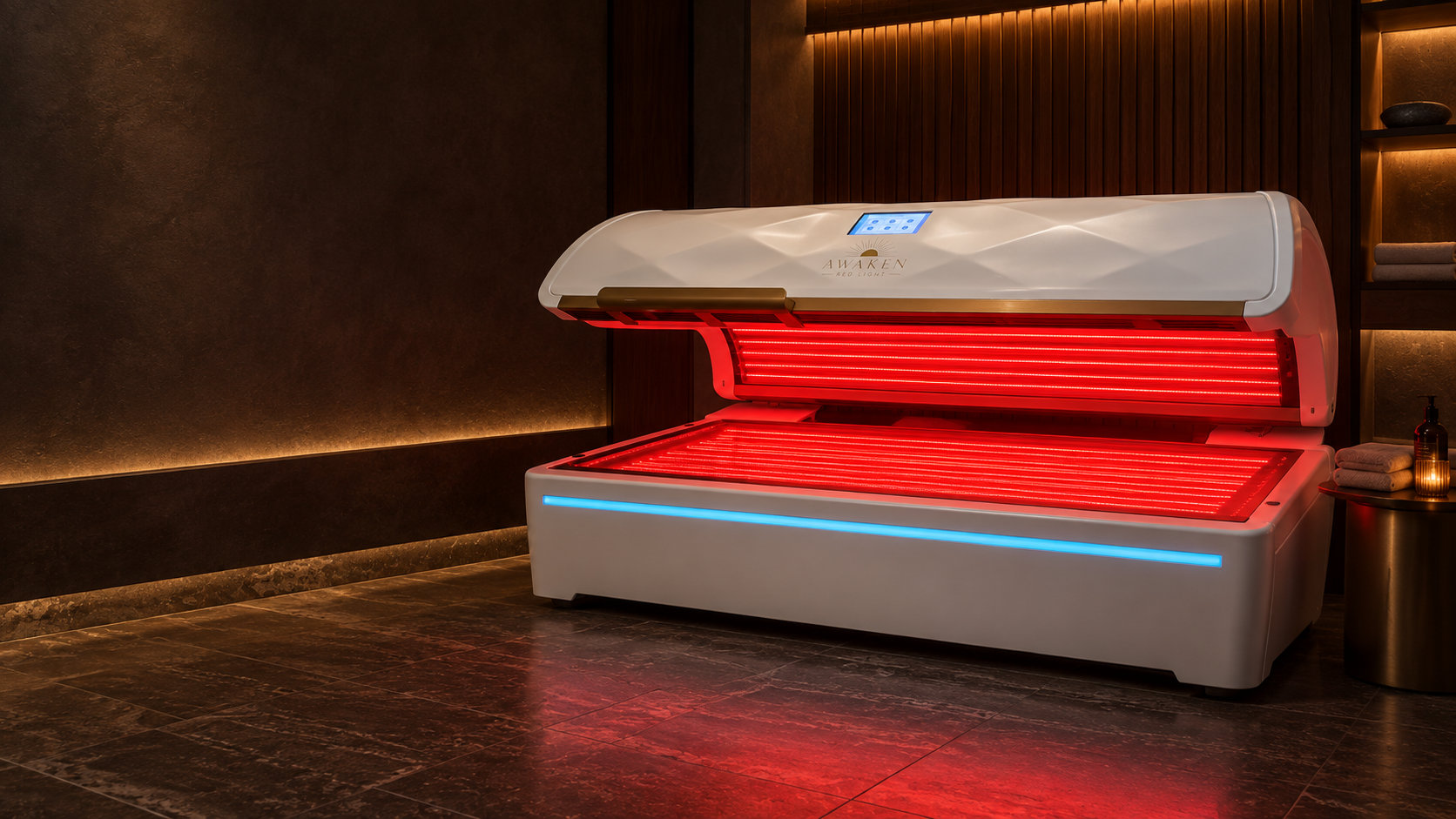 Red light therapy suite with a warm evening glow