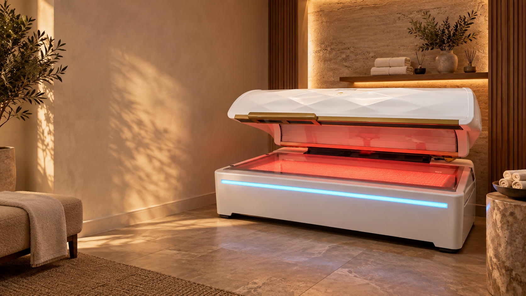 White and gold red light bed in a warm spa concept inspired by Awaken's equipment