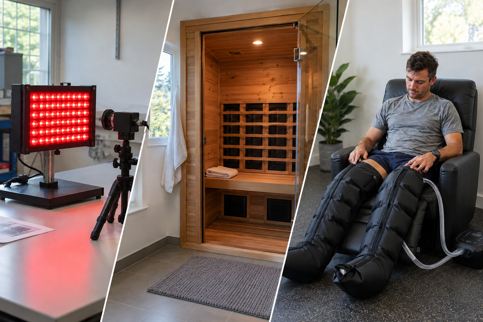 Three illustrative photographic scenes joined by diagonal cuts: light measurement, an infrared cabin and athletic recovery